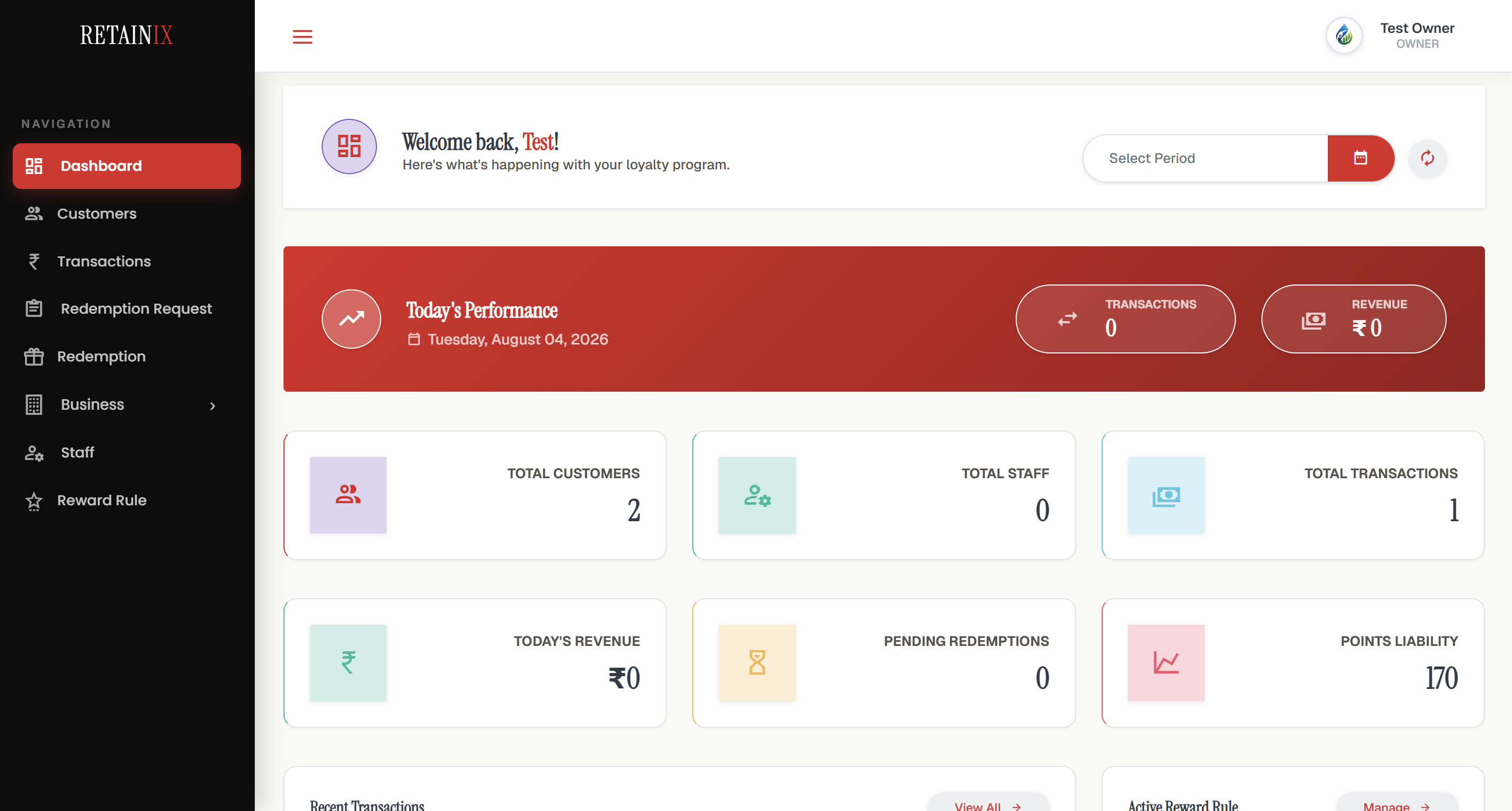 Retainix multi-branch loyalty dashboard — programme activity across branches