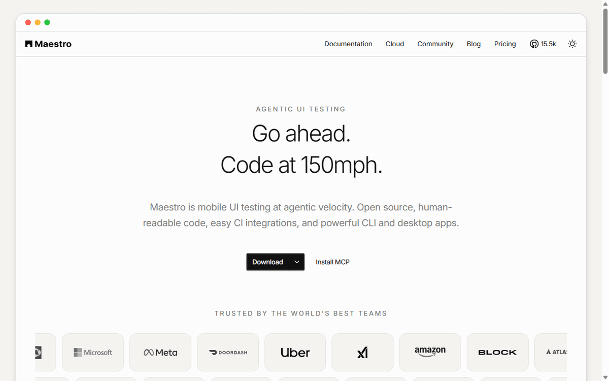 Maestro official web landing page showcasing agentic UI testing and cross-platform automation