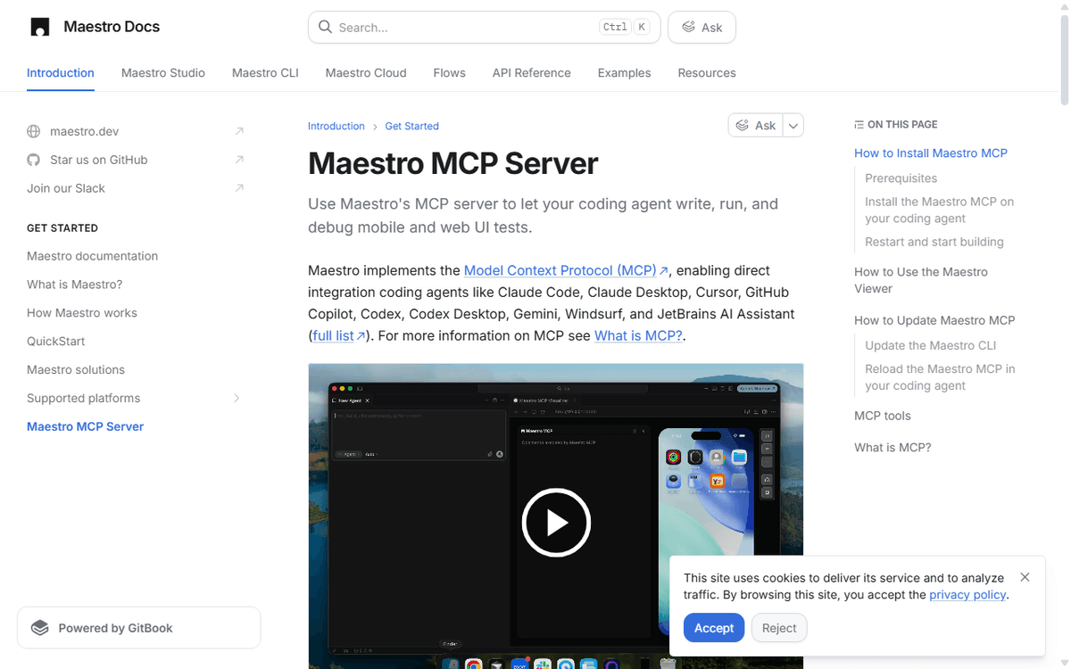 Maestro MCP documentation outlining agentic tools, screen inspection, and interactive mobile device control
