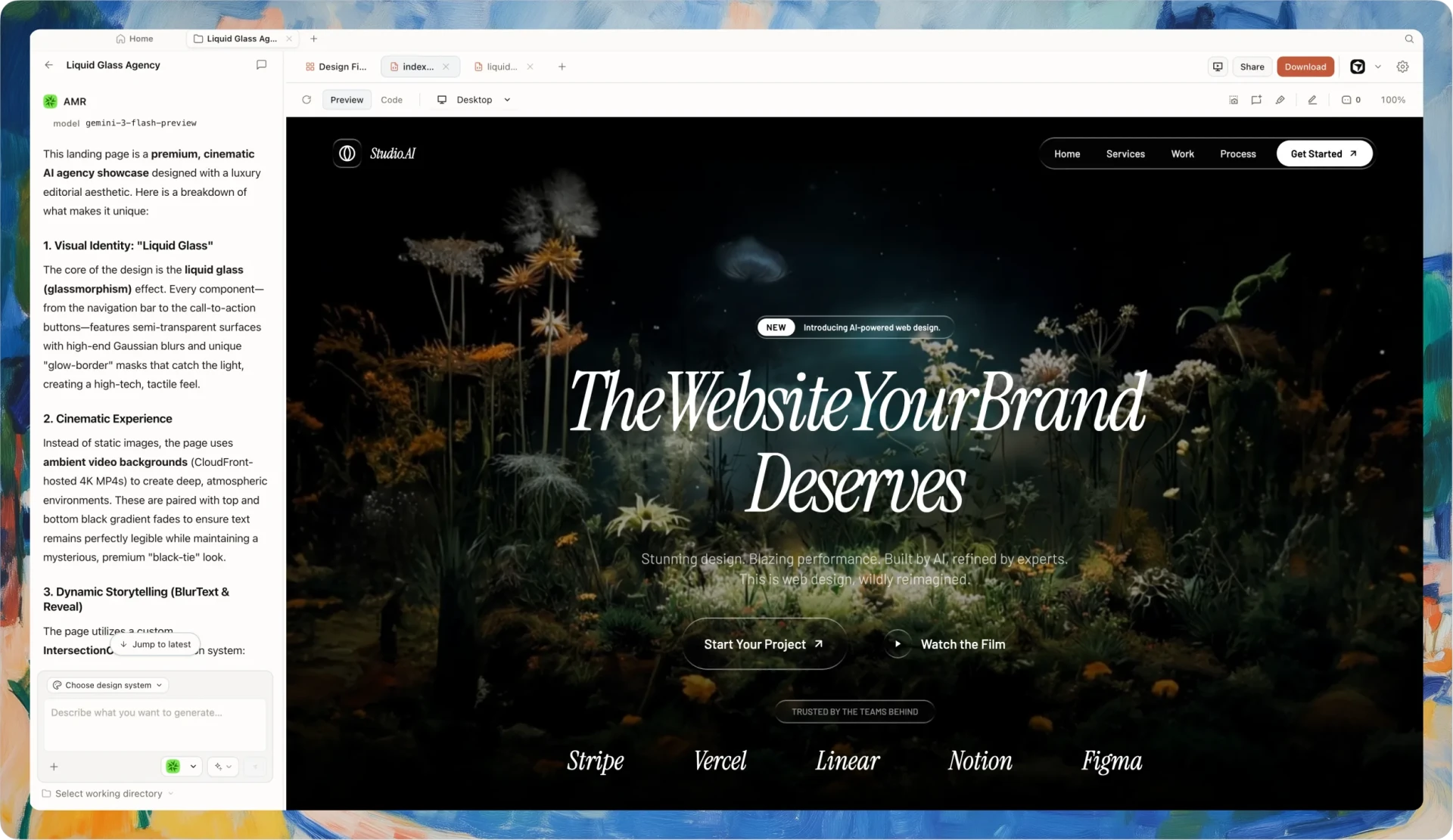 In-app preview of a generated cinematic landing page