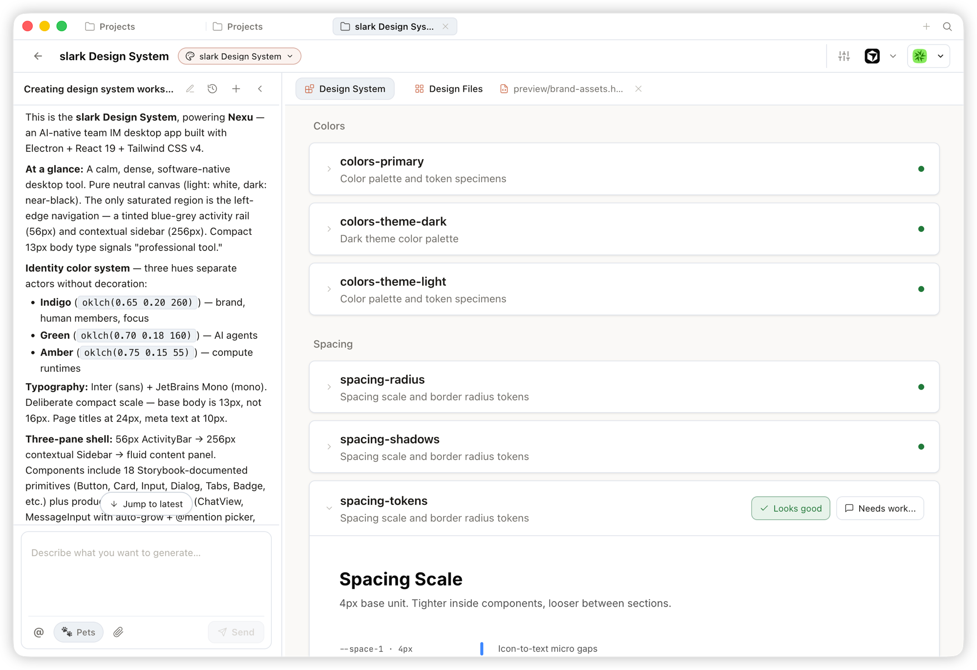 Design System workspace — brand tokens, spacing, and review actions