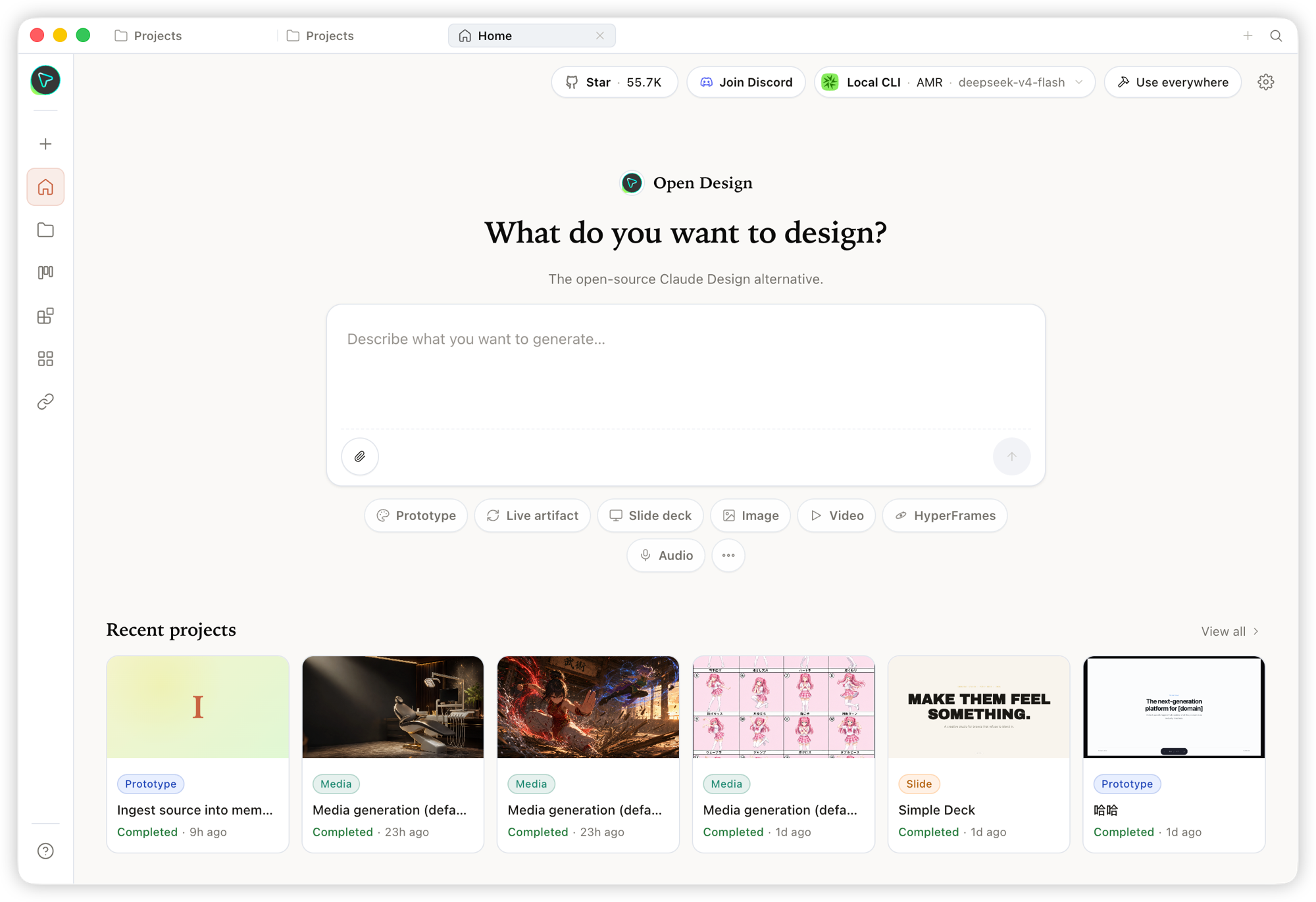 Open Design Home — brief composer with prototype, deck, image, video, and HyperFrames modes