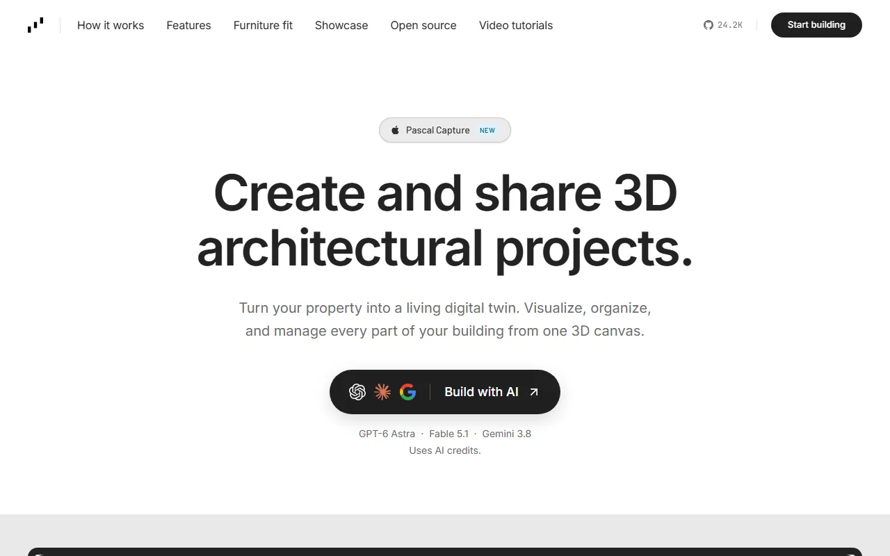 Pascal Editor homepage captured September 2026 showing navigation, headline, and AI build entry points